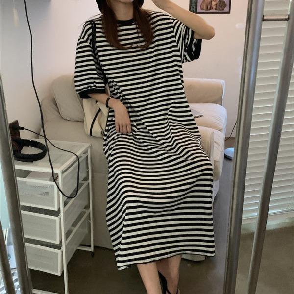 YYFS Женская мода Лето Весна Полосатый принт Рукава 1/2 Круглый вырез Свободная талия Повседневные платья