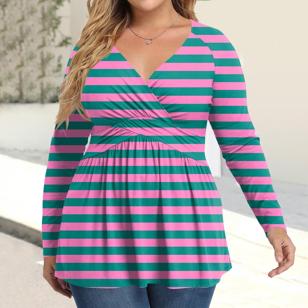 Женская рубашка большого размера с длинным рукавом, принт, плиссированный повседневный топ с V-образным вырезом