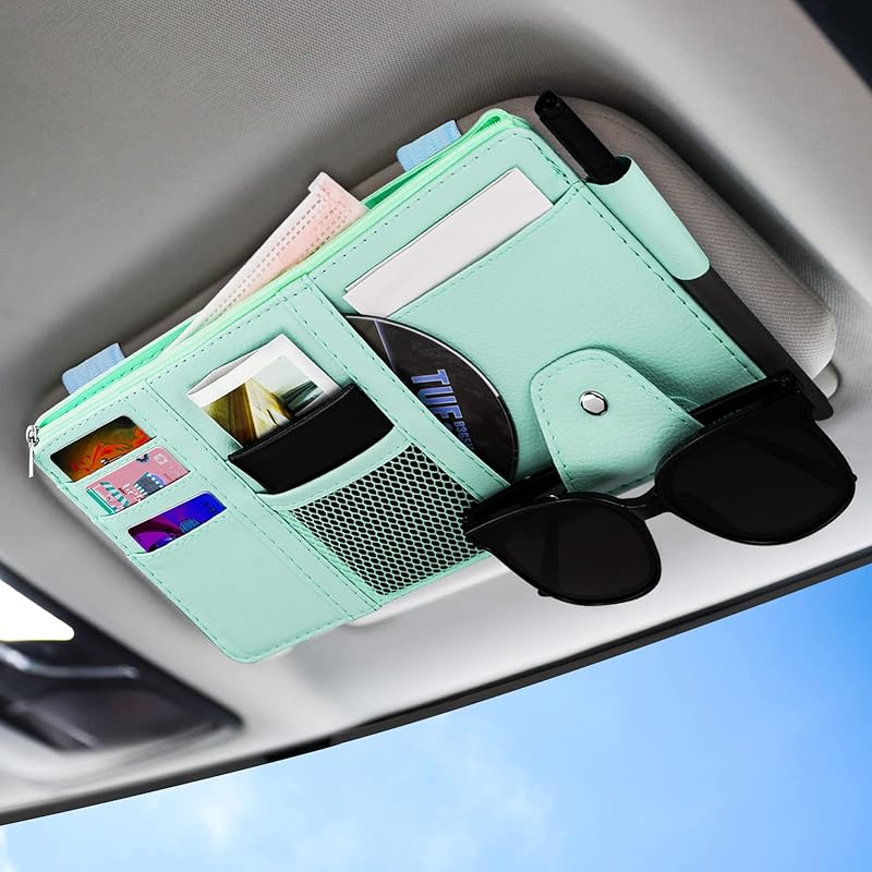 Car Sun Visor Organizer, Leather Pocket Organizer Sunglass Holder For Car Interior Accessories With Multi-Pocket Net Zipper (Beige)