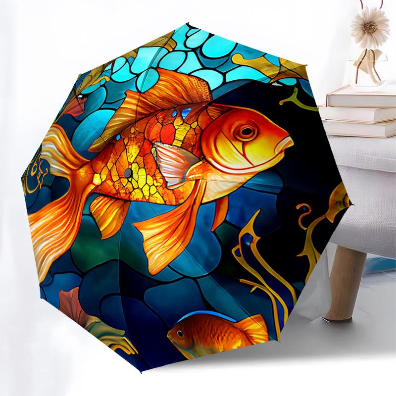 Stained Fish Design Automatic Opening Folding Umbrella with Iron Frame Perfect for Fans,Travelers,Daily Use,and Festive Gifts!1121009a