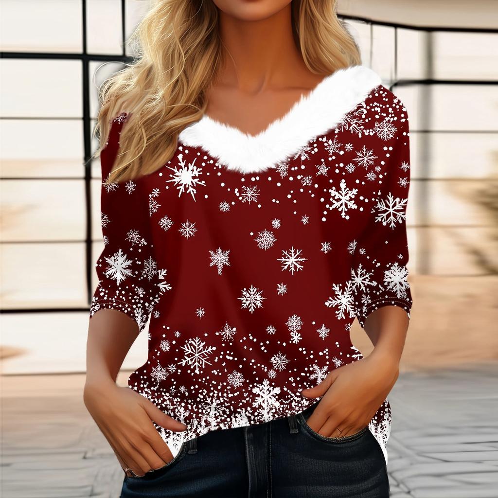 Women's T Shirt Tee Christmas Print Shirt Three Quarter Sleeve Party Christmas Fleece Collar V Neck  Top
