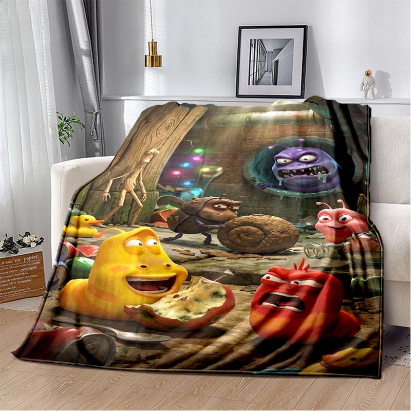 Larva Red Worm With Rose Flannel Throw Blanket Cartoon Insect Sofa Cover Romantic Light Background Decor Blanket Gift For Animation Fans