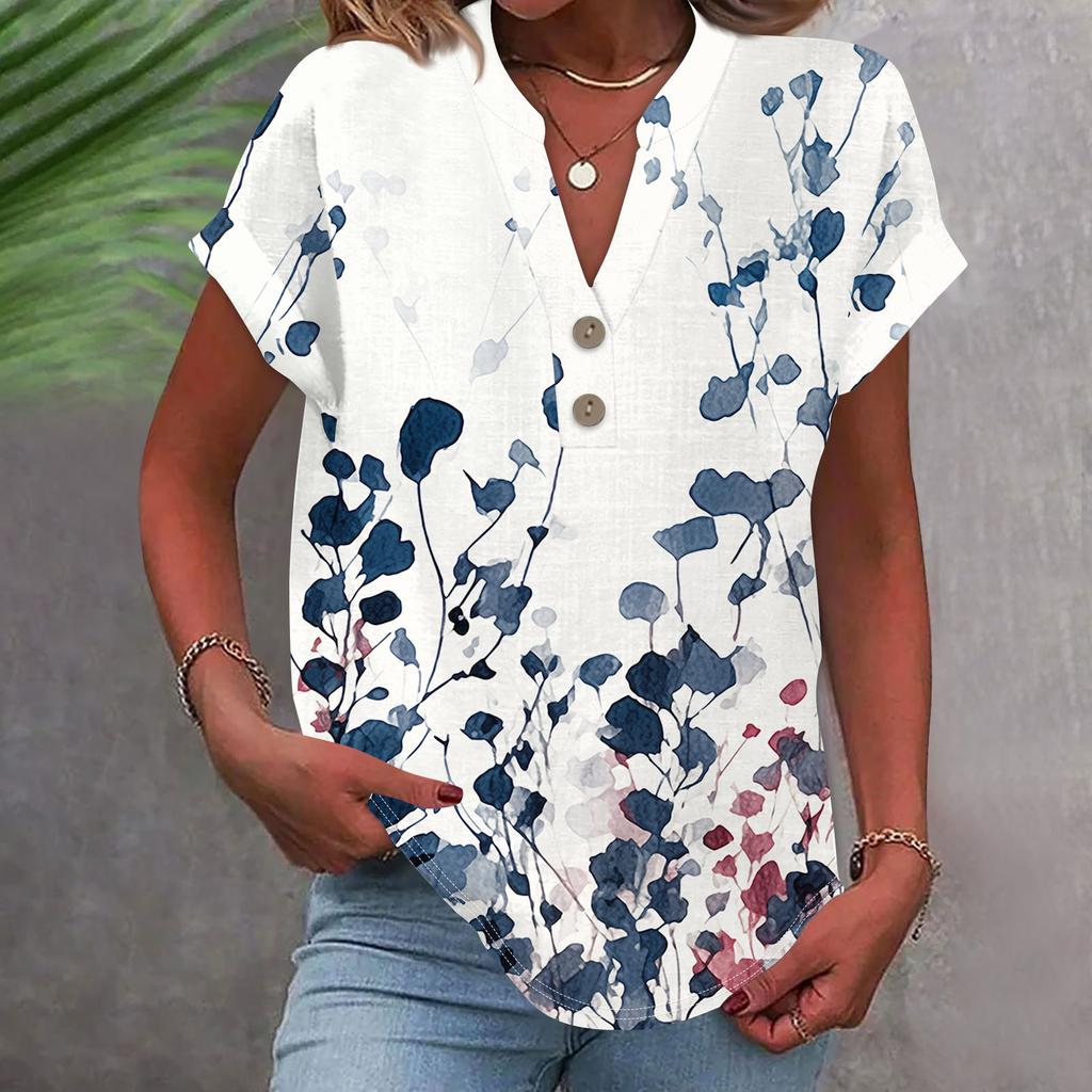 Женская модная повседневная рубашка с v-образным вырезом и коротким рукавом с принтом, футболка на пуговицах, топ