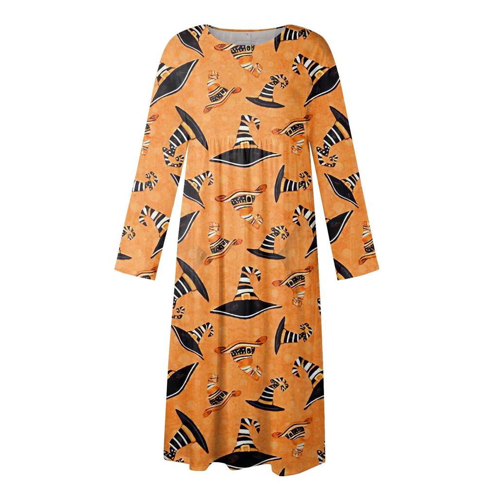 Women's Casual Crew-neck Halloween Print Mid-length Dress Long-sleeved Dress With Pocket