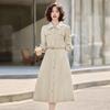 2025 Spring Women's Color Block Long Dress with Belt and Turn-Down Collar