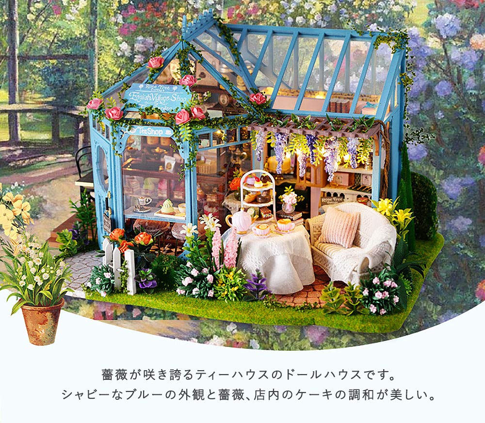 moin moin Dollhouse Miniature Handmade Kit Set Tea House with Rose Tea Flowers Flower Shop Vinyl House Cafe UK Light Acrylic Case Music Box Set