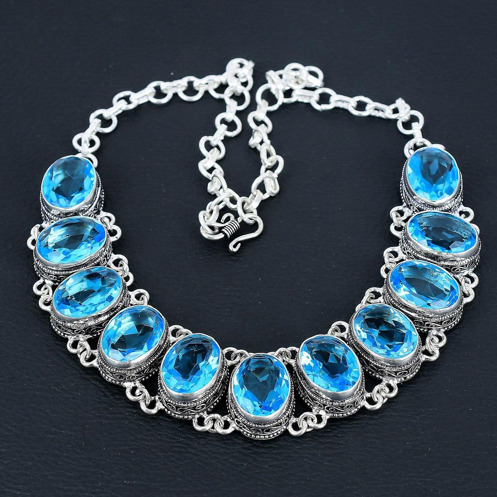 Красивый голубой топаз драгоценный камень ручной работы 925 пробы стерлингового серебра ювелирные изделия голубой топаз ожерелье браслет комплект, антикварный ювелирный комплект, браслет для мамы подарок