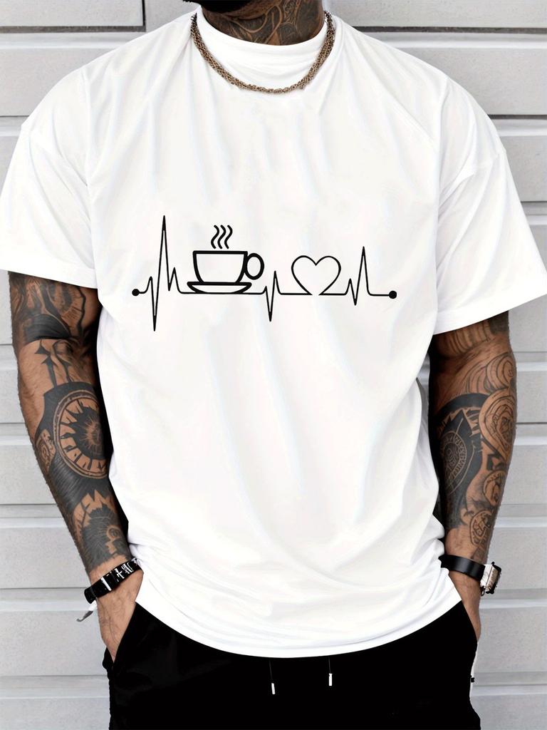 Unisexs Crew Neck Short Sleeve Tee Coffee Heartbeat Art Print Red Loose Casual Summer Street Basic Daily Top For Adult Male Wear