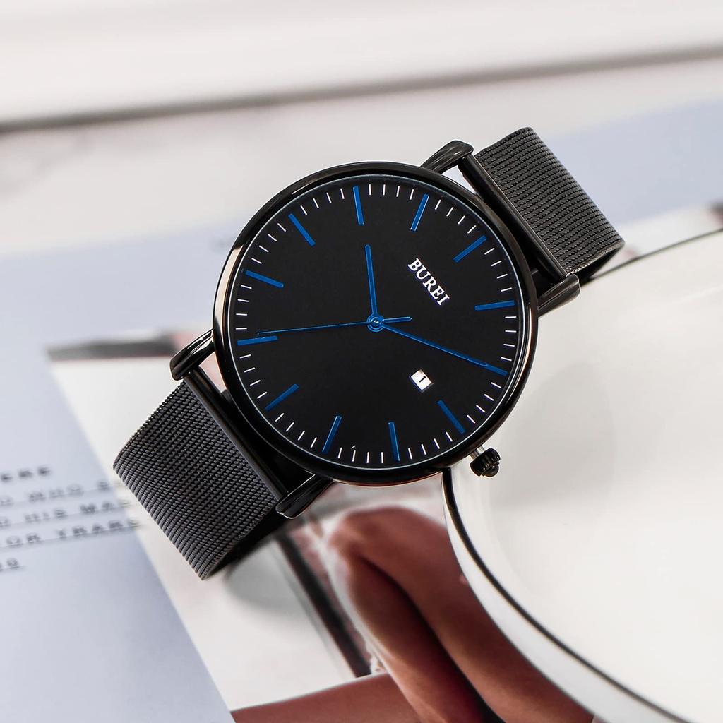 Простые стильные брендовые популярные ультратонкие легкие аналоговые часы деловые водонепроницаемые кварцевые наручные часы черные черные 2 [BUREI] мужские мужские -