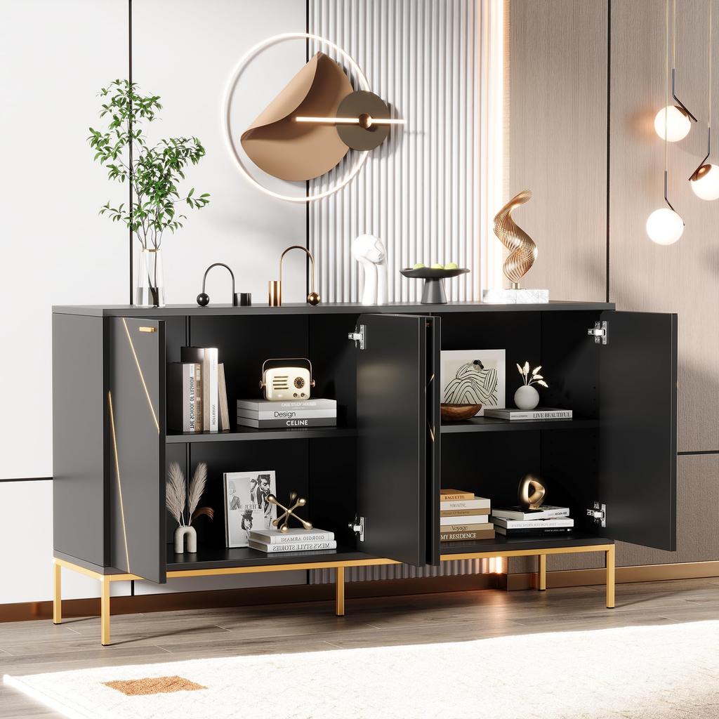 Sideboard Kommode 4 Türen, modernes Liniendesign, Metallgriffe, Rahmenbeine, 150x40x80 cm, Wohnzimmer/Schlafzimmer/Flure/Küche