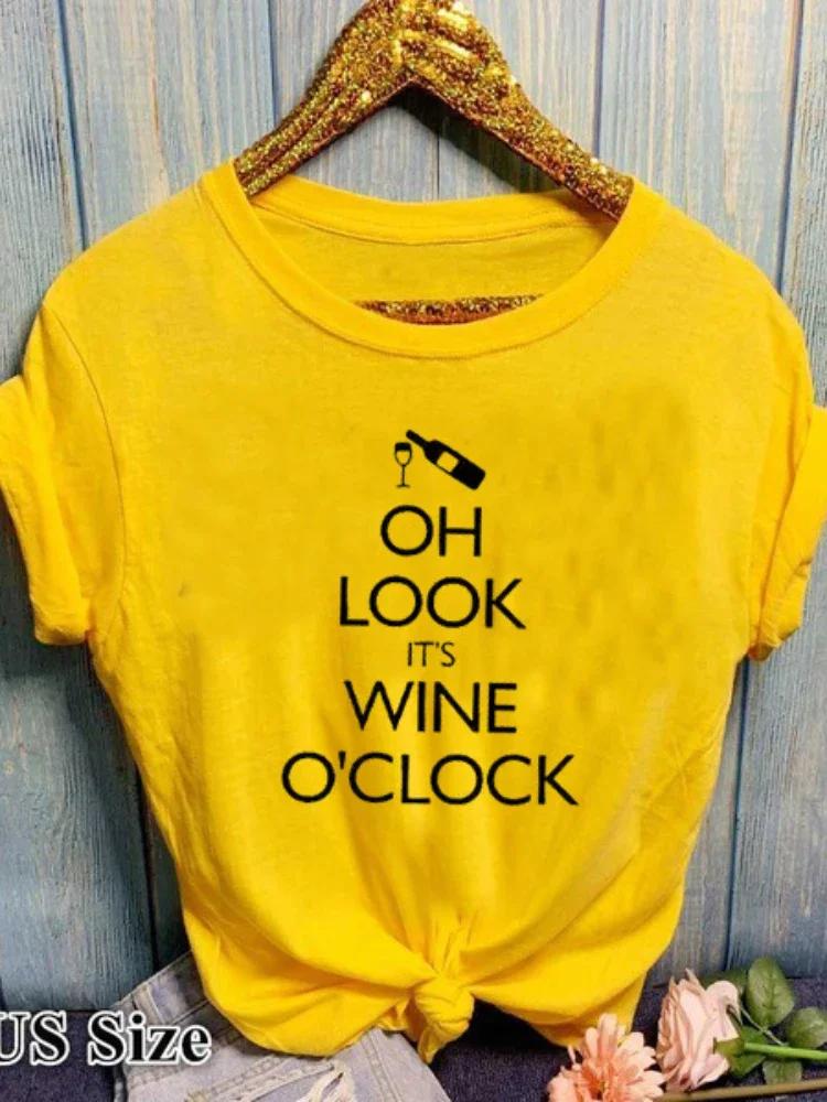 Время пить вино Футболка с принтом букв Женская с коротким рукавом Круглый вырез Свободная футболка Дамская Летняя Женская Футболка Топы Camisetas Mujer