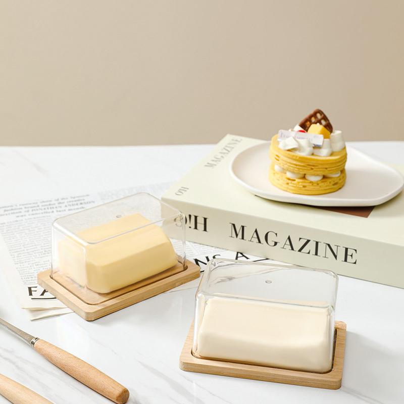 Countertop Bamboo Butter Dish Plate With Transparent Acrylic Lid Kitchen Storage Butter Container Box Butter Tableware