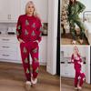 2 Pcs/Set Women Fall Winter Set Christmas Tree Snowman Santa Print Sequin O Neck Long Sleeve