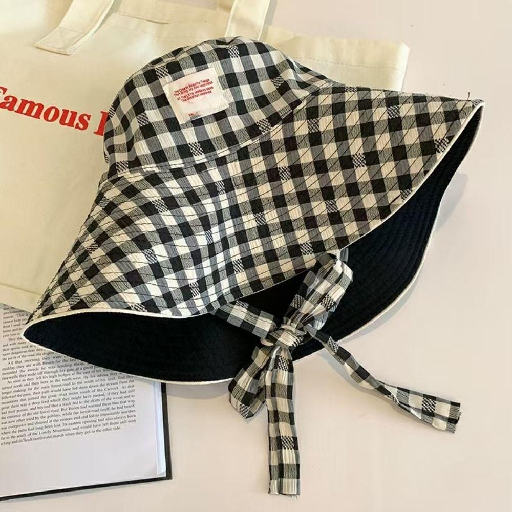 Tie Strap Plaid Bucket Cap Summer Fisherman Caps Ins Sunscreen Hat Outdoor