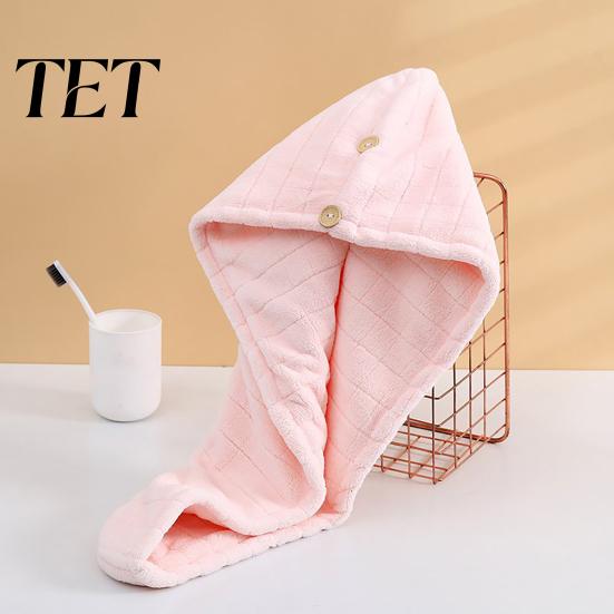 Odor Free Hair Drying Cap Coral Fleece Towel Wrap with Button, Thick Quick Dry Super Bonnet for Shower Absorbent Turban, Long Turban
