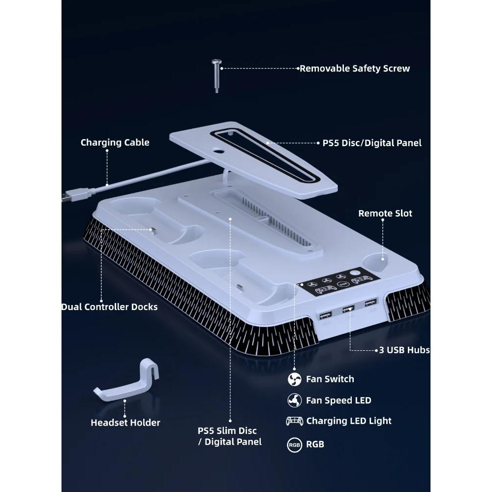Многофункциональная вертикальная RGB-подставка для охлаждения PS5/PS5 Slim/PS5 Pro – с док-станцией для зарядки контроллеров, крючком для гарнитуры и USB-портом