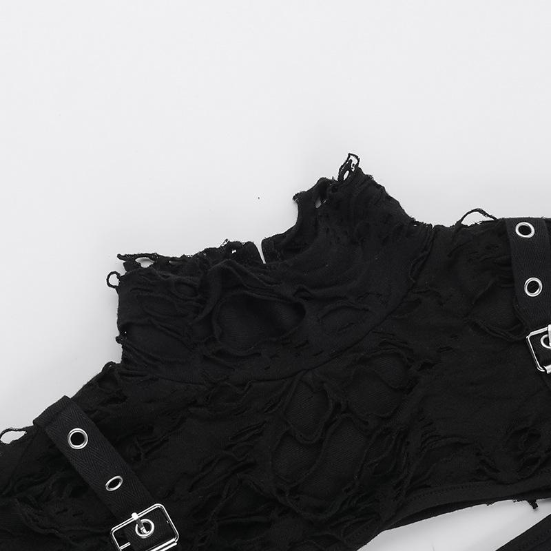 Футболка AltGoth Streetwear Gothic для женщин Y2k E-girl Cyber Punk с дырками на рукавах, лоскутное шитье, ажурная футболка с длинным рукавом, укороченная футболка Femme