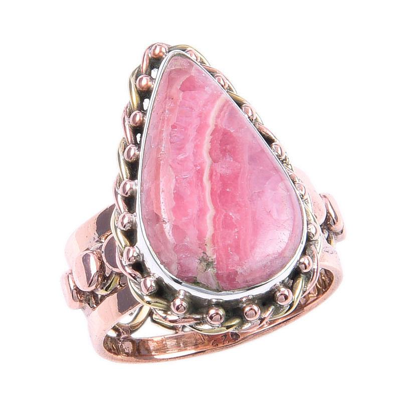 Подарочное кольцо из двухцветного серебра 925 пробы с натуральным родохрозитом S.6 T0t97