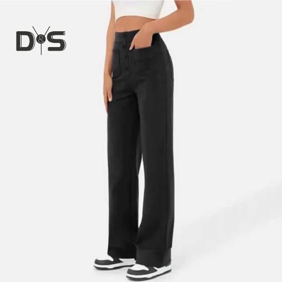 Women Pants Solid Color Elastic Waist Straight Leg Casual Trousers with Multi-Pocket Design Leisure Long Pants
