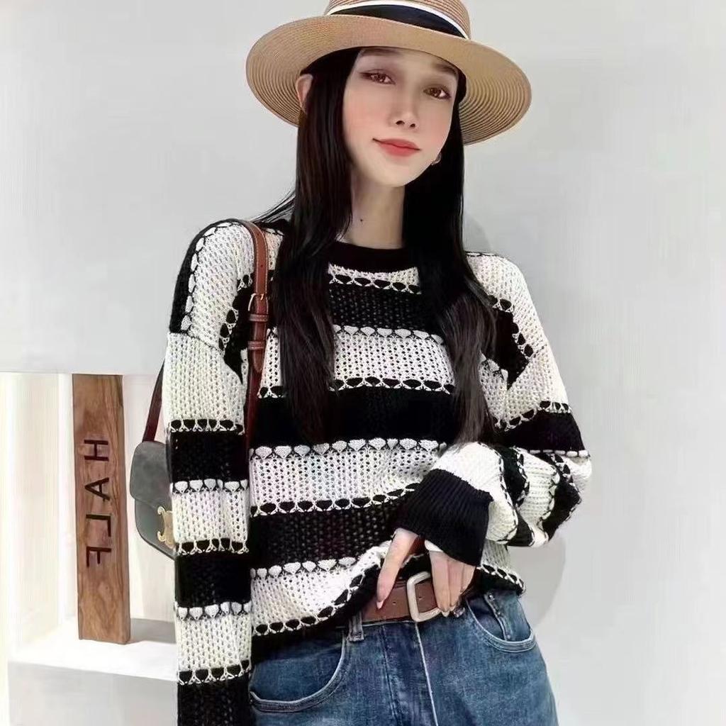 Вязаный свитер в полоску с цветными блоками для женщин, модный и ленивый стиль, свободная и тонкая повседневная базовая рубашка на осень и зиму
