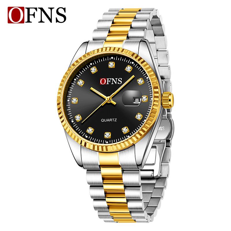 Ofns 1592 Classic Business And Leisure Couple Quartz Watch Night Light Calendar 3atm Waterproof Diamond Set Simple Steel Belt