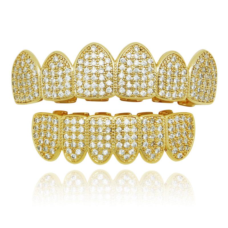 Mens Hip Hop Gold Teeth Grillz Top & Bottom Iced Out Grillz Dental Cubic Diamond Braces Zirconia Vampire Grills Teeth