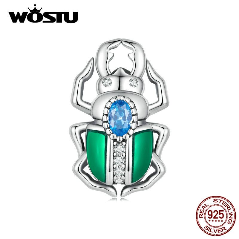 WOSTU 925 Sterling Silver Green Enamel Wings Blue Zircon Beetle Bead Charms for Women Bangle and Bracelet DIY Jewelry