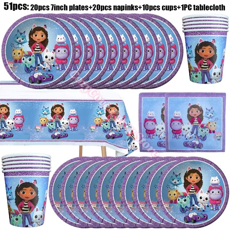 Gabby Dollhouse Birthday Party Decoration Gabby Tableware Bracelets Stikers Cake Topper Balloons For Kids Party Gift Photo Booth