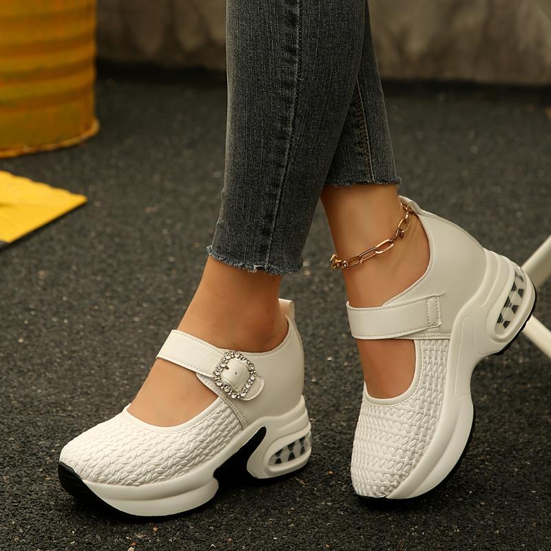 Женские кроссовки на платформе-клине с отделкой стразами, белые, искусственная кожа, нескользящая толстая подошва