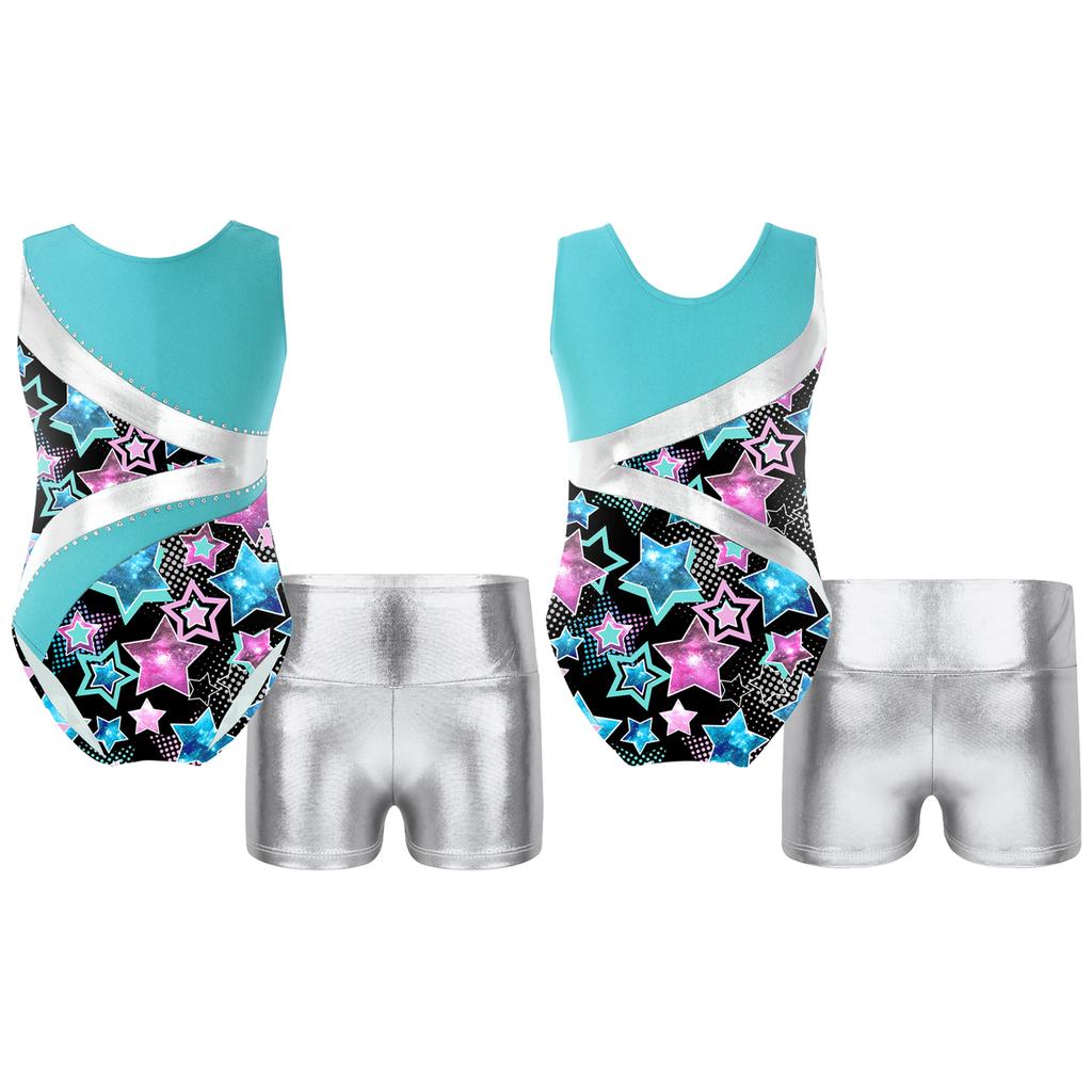 Детские гимнастические купальники без рукавов с круглым вырезом для девочек и шорты, наряды для спортивных танцев, велосипедки