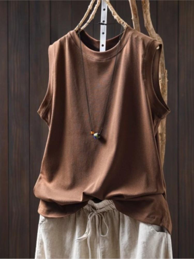 Johnature Женские повседневные топы однотонные летние безрукавки с круглым вырезом мягкие трикотажные топы