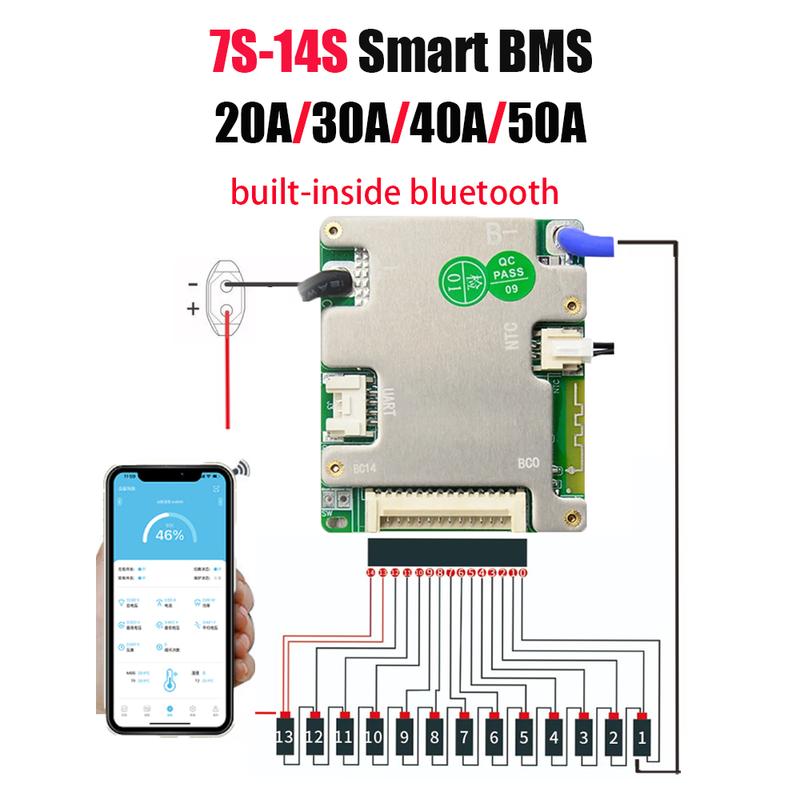 JBD BMS Автоматическое определение 7s-14s 7S 8S 9S 10S 11S 12S 13S 14S 20A 30A LFP NMC Умная BMS 24В 36В 48В Система управления батареями