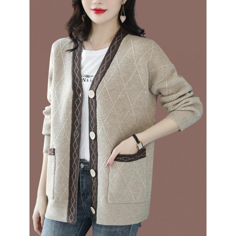 Вязаный кардиган Женский свитер-жакет Весна и осень Свободный свитер с V-образным вырезом Топ