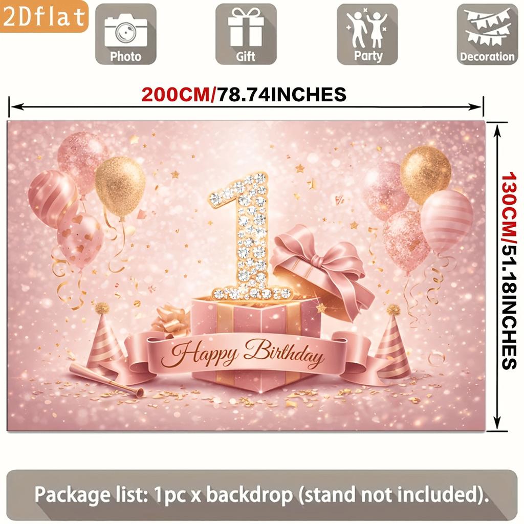 Pink Golden Glitter Balloons Confetti Number One Ribbon Bow Birthday Celebration Polyester Backdrop, for Party Decor Home, Club, Garden