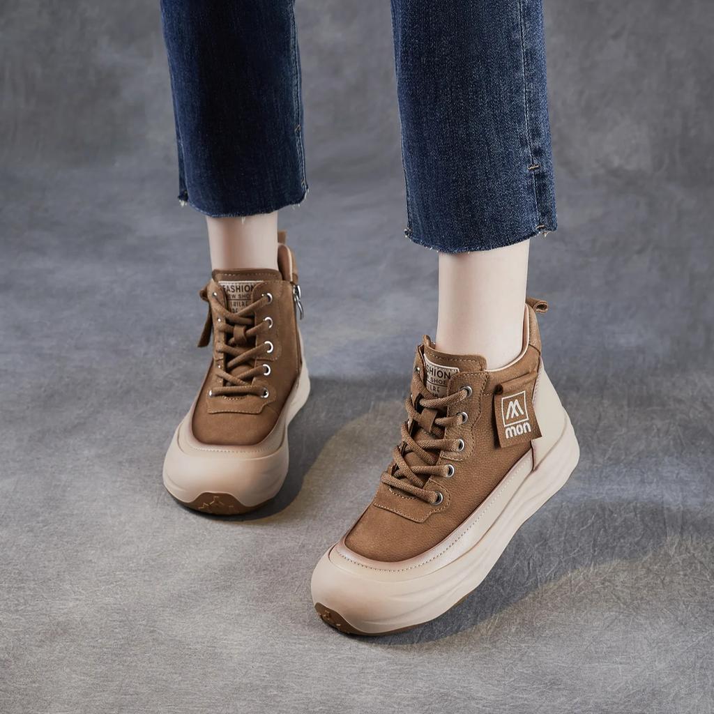 Johnature Ботильоны из натуральной кожи на толстой подошве в стиле ретро с боковой молнией, повседневные женские туфли на плоской платформе со шнуровкой