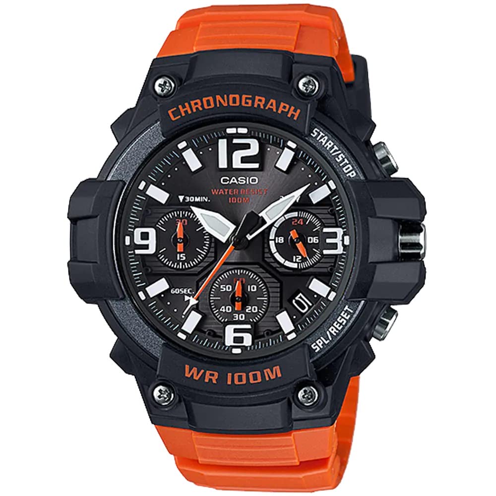 Casio Прочные кварцевые часы-хронограф с конструкцией из нержавеющей стали и смолы, оранжевые, мужские (Модель MCW-100H-9A2VCF)