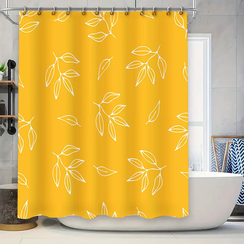 Luxurious Bathing Experience Modern White Leaves Print Shower Curtain in Vibrant Mustard Yellow for Bathroom Decor Privacy Prote