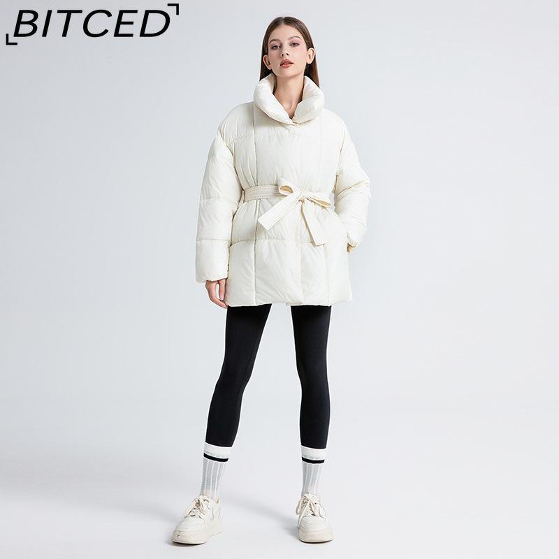 BITCED Укороченная хлопковая куртка Зимняя Свободного кроя Повседневная Теплая Стойка воротник С поясом Хлопковая куртка