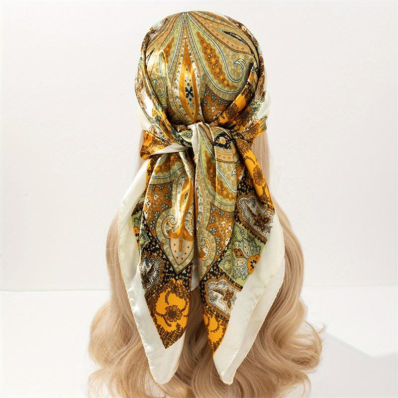 Satin Square Scarf Women Muslim Hijab Elegant Print Silk Neckerchief Shawl Wraps Headband Handle Hair Accessories Bandana