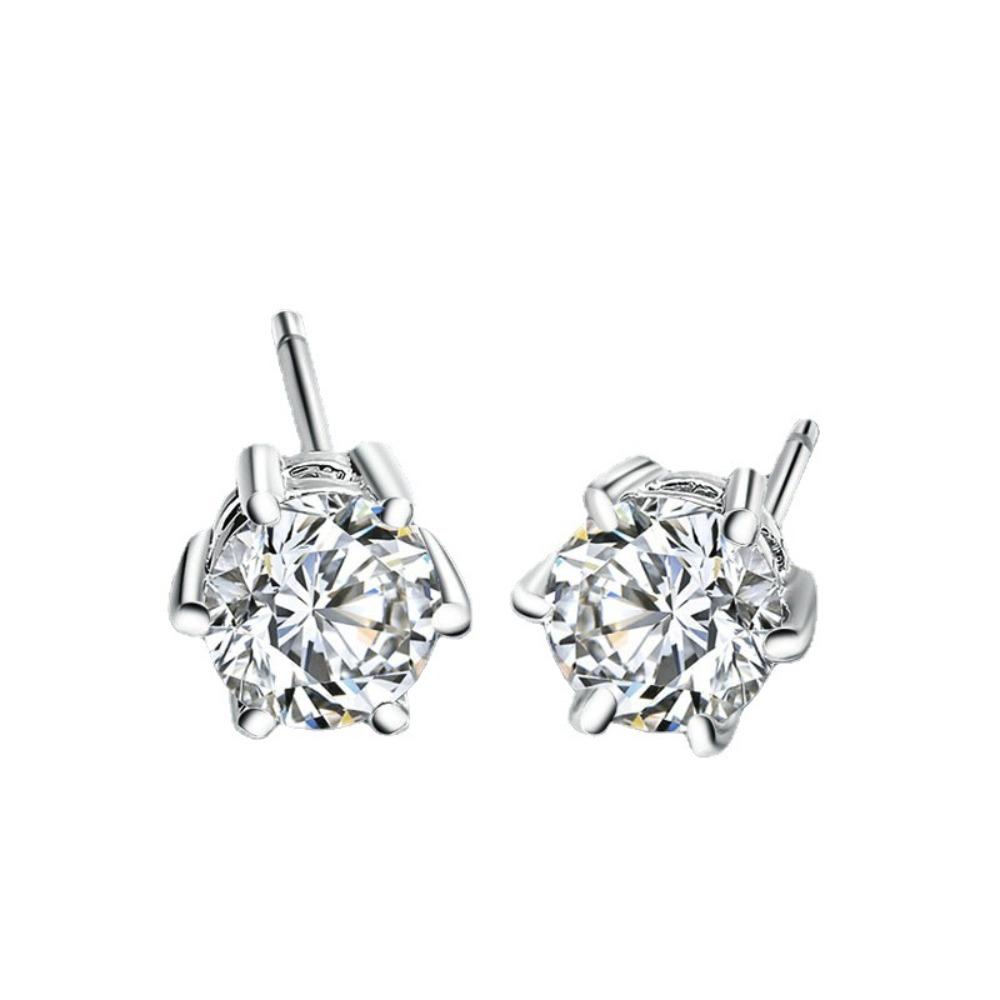 Silver Plated Copper Six Prong Fashion Stud Earrings for Women Elegant Jewelry Gift