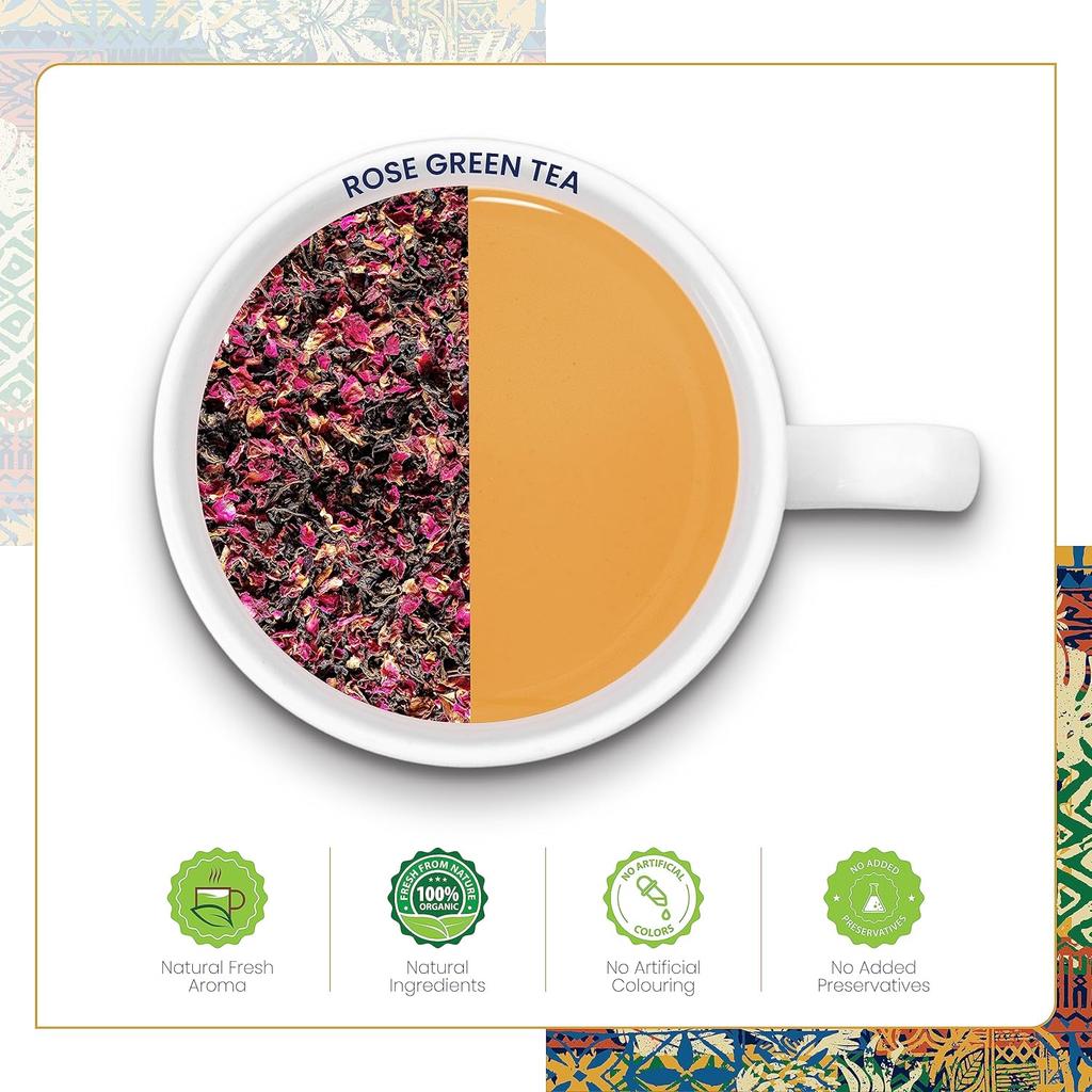 Dabri Зеленый чай роза рассыпной 100 г пакет | Для сияющей кожи и волос (Мужчины и женщины) | Натуральные лепестки роз | Богатые антиоксидантами | Органическая смесь