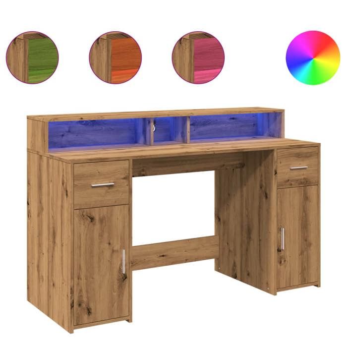 VidaXL Bureau avec lumières LED chêne artisanal bois d'ingénierie, bureau de travail, bureau d'étude, bureau à domicile, 3309428