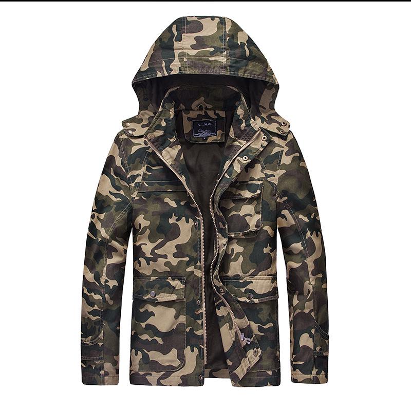 Men 'S Hooded Camouflage Jacket Casual Cotton Multi -Pocket Flight Suit Jacket Washed Jacket