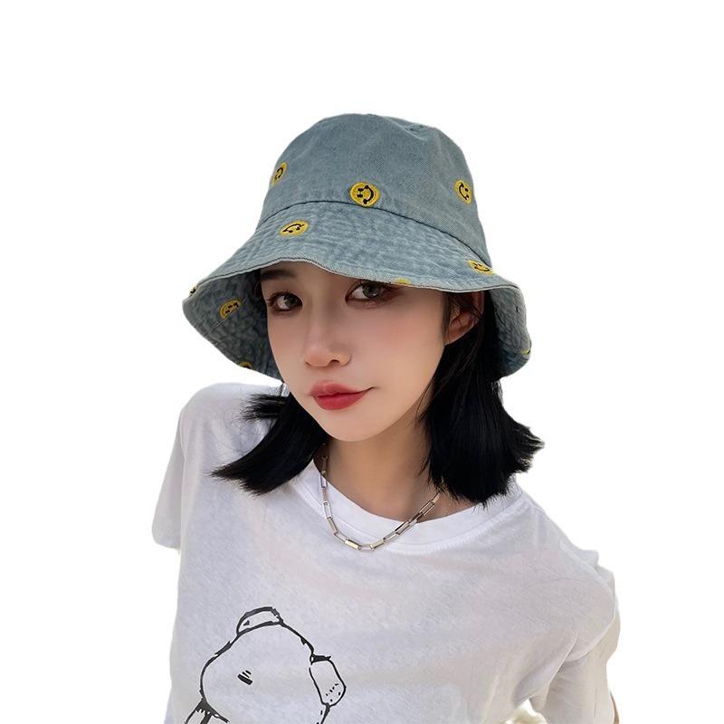 Simple Cartoon Embroidered Denim Bucket Hat Women Harajuku Retro Basin Hat Spring and Summer Sun Protection Visor Men