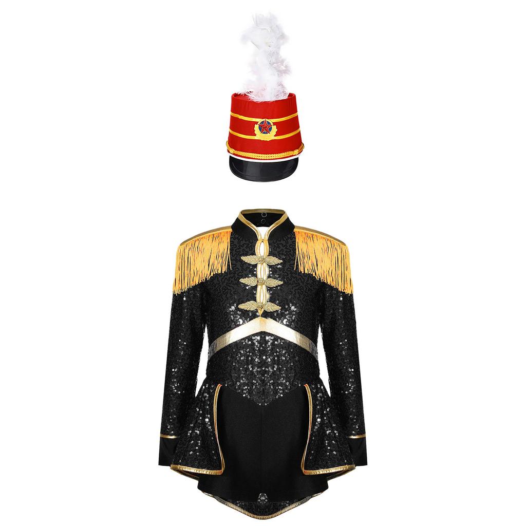 Костюм барабанщицы цирка для девочек, боди с пайетками с длинным рукавом, эполет с бахромой на плече, мини-цилиндр в качестве аксессуара