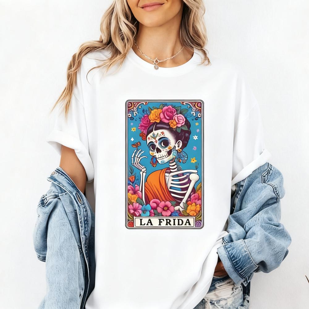 La Frida Dia De Los Muertos TShirt Sugar Skull Halloween TShirt Tarot Card Women Tee Mexican Day of The Dead Shirt Festival Top