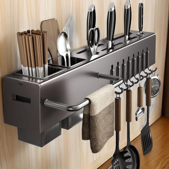 Kitchen Cutlery Holder Wall Mounted Cutter Holder with Hooks Carbon Steel Cutter Storage