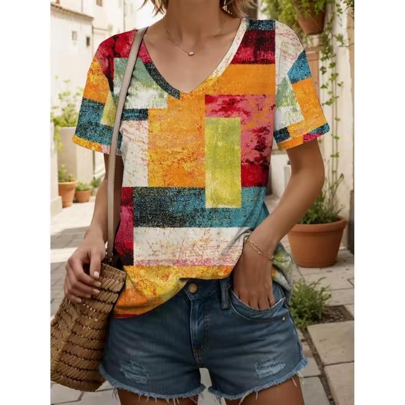 Женские футболки 3D Геометрические цветные блоки Графика Модные футболки с коротким рукавом V-образным вырезом Обычные топы Повседневные футболки с принтами Летние повседневные топы