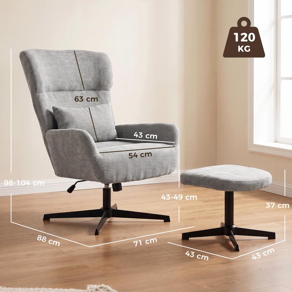360 degrees Swivel Lounge Chair with Stool, Height-Adjustable, Chenille Cover, with Lumbar Cushion, Cream White