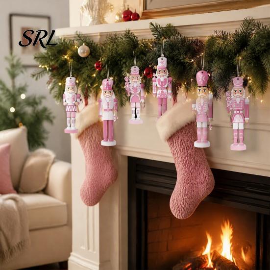 Vintage Style Holiday Hanging Charms Pink Wooden Nutcracker Ornaments for Christmas Tree Decorations, Soldier Pastel Decorations Home Pendants